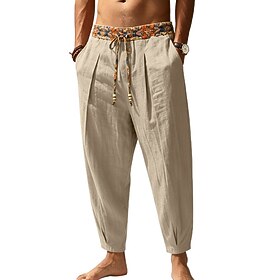 Men's Linen Pants Trousers Summer Pants Beach Pants Drawstring Elastic Waist Solid Color Comfort Breathable Daily Outdoor Beach Vacation Fashion White Khaki In