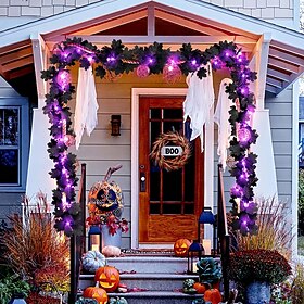 20ft Halloween Black Vine Garland with Purple LED Lights, Artificial Maple Leaf Hanging Decor for Holiday Party Mantel