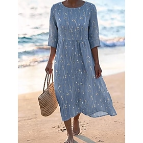 Women's Midi Dress Sundress Casual Dress Vacation Casual Beach Beach Holiday Regular Fit Floral Graphic 3/4 Length Sleeve Crew Neck Blue Purple Green Summer Sp