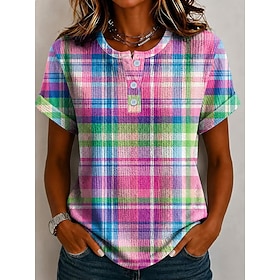 Women's T Shirt Color Block Print Graphic Geometric Plaid Vintage Stylish Classic Short Sleeve Crew Neck Long Tops Casual Daily Blue Khaki Pink Purple Summer S