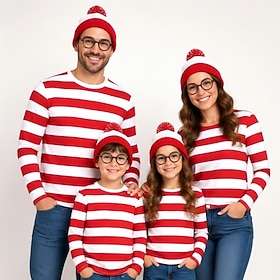Search and Find Hidden Character Red and White Stripe Costume T-shirt Classic Storybook Character Cosplay for Unisex Kid's Adults' Halloween Carnival Party Per