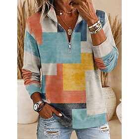 Women's Pullover Sweatshirt Zipper Graphic Abstract Casual Long Sleeve Half Zip Regular Tops Casual Dailywear Holiday Blue Brown Spring Fall