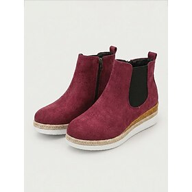 Women's Brown Faux Suede Wedge Chelsea Ankle Boots with Elastic Side Panels, Side Zipper  Braided Espadrille Trim Thick Wedge Heels, Lightweight Round Toe Boot