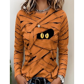 Halloween Women's T Shirt Print Graphic Geometric Witch Vintage Fashion Stylish Long Sleeve Crew Neck Round Neck Long Tops Casual Daily White Black Pink Orange
