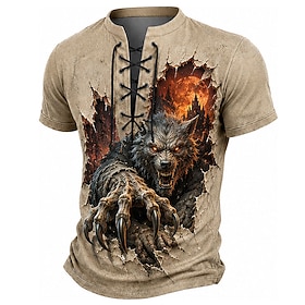 Halloween Men's Werewolf Henley Shirt T shirt Tee Short Sleeve T shirt 3D Print Lace Up Neck Henley Shirt Retro Vintage Horror Casual Daily Carnival Blue Red P