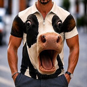 Men's 3D Cartoon Cows Polo Shirts Zip Polo Shirts Short Sleeve Polo Shirts Collared Shirts Casual Outdoor Athleisure 3D Print Spring Summer 1# 2# 3#