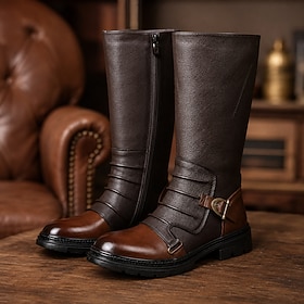 Men's Brown Knee-High Riding Boots with Side Zip, Buckle Strap and Rugged Sole, Vintage Biker Style for Mature Men, Daily Commutes, Travel and Outdoor Casual W