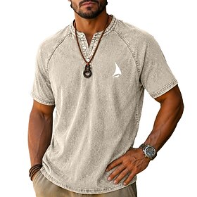 Men's Henley Shirt Short Sleeve Plain Ship Retro Vintage Casual Vintage Style Garment Dyed Faded Henley Casual Spring  Summer Summer All Seasons Black Light Bl