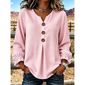 Women's Waffle Blouse Solid Color Vintage Stylish Basic Long Sleeve V Neck Regular Tops Casual Daily Blue Yellow Pink Apricot Summer Spring Fall