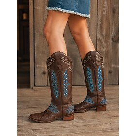 Braune Cowboy-Stiefel für Damen aus Kunstleder, türkisfarbene, bestickte Kniehohe Westernstiefel mit Straußenlederprägung, spitzer Zehenpartie und niedrigem Bl