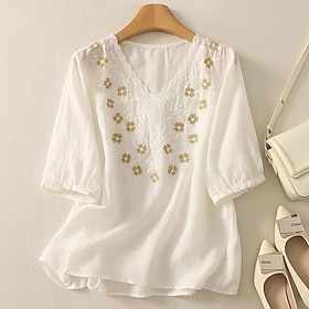 Women's Embroidered Boho Shirt Casual Shirt Floral Elegant Bohemia Vacation V Neck Long Tops Casual White Summer Spring Fall