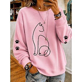 Women's Pullover Sweatshirt Print Graphic Cat Warm Active Casual Long Sleeve Crew Neck Regular Tops Casual Street Dailywear Blue Pink Apricot Spring Fall Winte