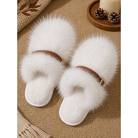 Women's Faux Fur Slippers with Buckle Detail, Cozy Fuzzy House Slippers with Soft Plush Fur Upper, Comfortable Indoor Outdoor Slippers for  Bedroom, Lounge and