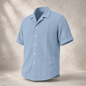 Men Shirt Casual Shirt Button Up Shirt Jacquard Shirt White Black Light Green Navy Blue Purple Short Sleeve Geometric Plain Cuban Collar Casual Daily Front Poc