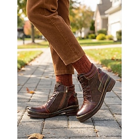 Women's Dark Brown Genuine Leather Combat Boots with Side Zipper, Vintage Handmade Cowhide Lace-Up Ankle Boots with Patchwork Design for Outdoor Walking, Trave
