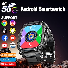 5G Android Smartwatch with 180° Rotating Camera, 4G LTE SIM Card Support, WiFi  GPS Navigation, Built-in LED Flashlight, Rugged Military Smart Watch for Men, S