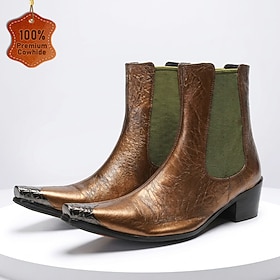 Men's Premium Genuine Leather Brown Green Chelsea Boots, Elastic Side Pointed Toe Western Dress Style for Business, Parties and Special Events