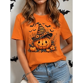 Halloween Damen T Shirt Druck Grafik Kürbis Vintage Stilvoll Klassisch Kurzarm Rundhalsausschnitt Normale Oberteile Lässig Täglich Wochenende Schwarz Wein Oran