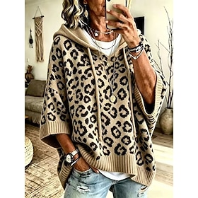 Women's Pullover Sweater Jumper Streetwear Solid Color Ribbed Hooded Knitted Hooded Half Sleeve Regular Tops Knit Daily Outdoor Going out Blue Khaki Spring Fal