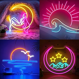 Sun Moon and Stars LED Neon Sign, USB Powered Dimmable Celestial Neon Light Wall Decor for Bedroom, Living Room, Dining Room, Bar, Boba Tea Shop, Man Cave, Gam
