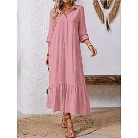 Women's Maxi Dress 100% Cotton Beach Dress Vacation Tropical Casual Loose Fit Plain Long Sleeve V Neck Black Dusty Rose Green Summer Spring Fall