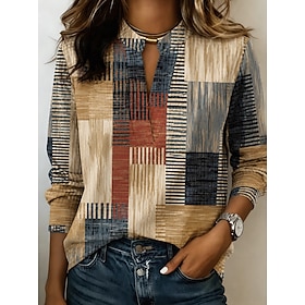 Women's Blouse Graphic Geometric Vintage Stylish Long Sleeve Notched Neck Regular Tops Casual Daily Holiday Blue Khaki Yellow Pink Purple Summer Spring Fall
