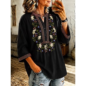 Women's Blouse Ruched Embroidered Ombre Floral Graphic Stylish Casual 3/4 Length Sleeve 3/4 Sleeve V Neck Long Tops Casual Daily Black Summer Spring