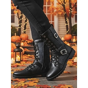 Men's Black Lace-Up Combat Boots with Buckle Straps and Lug Sole, Gothic Punk Biker Style for Alternative Fashion Men, Halloween Parties, Cosplay and Night Eve