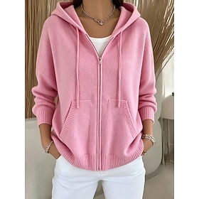 Women's Knit Sweater Streetwear Solid Color Ribbed Hooded Open Front Zipper Knitted Hooded Long Sleeve Regular Tops Knit Daily Outdoor Going out Blue Pink Spri