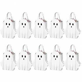 10 Pack Halloween Ghost Gift Bags with Handles, White Paper Treat Bags for Trick or Treat Candy, Halloween Party Favor Bags, Spooky Goodie Bags for Kids Birthd
