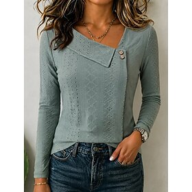 Women's Eyelet Top Texture Buttons Vintage Long Sleeve Asymmetrical Casual Black Yellow Purple Green Spring, Fall, Winter, Summer