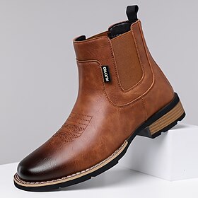 Men's Brown Chelsea Ankle Boots, Side Elastic Slip-On Dress Boots, Western Smart Casual Style for Office, Date, Weekend Wear