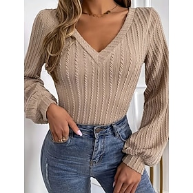 Women's Shirt Blouse Texture Elegant Long Sleeve Puff Sleeve V Neck Regular Tops Casual Daily Work Khaki Black Fall Winter