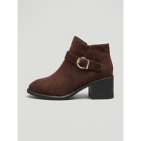 Women's Brown Matte Faux Suede Buckle Strap Ankle Boots with Inner Zipper Block Chunky Heel, Vintage Casual Short Booties for Casual Commute, Daily Street Co