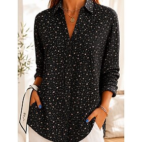 Women's Waffle Shirt Casual Shirt Summer Tops Ombre Floral Graphic Elegant Vintage Stylish Long Sleeve Turndown Regular Tops Casual Daily Outdoor Black Yellow