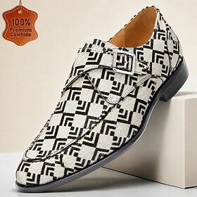 Men's Genuine Leather Black White Geometric Monk Strap Dress Shoes, Pointed Toe Fashion Formal Style for Parties, Weddings and Stage Events
