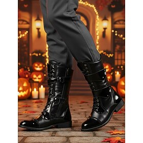 Men's Black Knee-High Lace-Up Combat Boots with Buckle Straps, Gothic Punk Biker Style for Alternative Fashion Men, Halloween Parties, Cosplay and Night Events