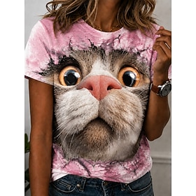 Women's T Shirt Print Graphic Animal Cat Vintage Stylish Classic Short Sleeve Crew Neck Round Neck Regular Tops Casual Daily Yellow Pink Red Gray Summer Spring