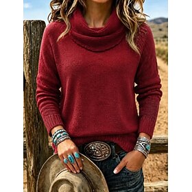 Women's Sweater Pullover Sweater Jumper Elegant Vacation Daily Turtleneck Turndown Halter Neck Layered Long Sleeve Long Tops Knit Daily Home Work Wine Red Blac