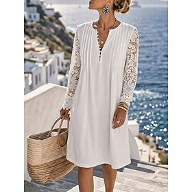 Women's Knee Length Dress Lace Dress Elegant Vacation Regular Fit Pure Color Long Sleeve V Neck White Black Summer Spring