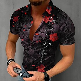 Halloween Men's Florals Cross Baroque Shirt Summer Shirt Button Up Shirt Short Sleeve Vintage Retro Daily Outdoor Vacation Summer Spring Turndown 3D Print Coll