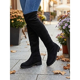 Women's Black Over The Knee Thigh High Boots with Back Drawstring Tie, Stretch Slim Fit Long Booties for Leg Shaping, Leisure Outfits, Streetwear  Party Outfit