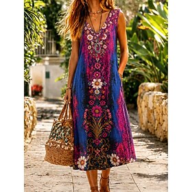 Women's Midi Dress Sundress Summer Dress Vacation Casual Boho Daily Holiday Going out Loose Fit Floral Graphic Sleeveless V Neck Purple Summer Spring