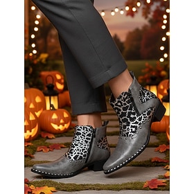 Men's Leopard Print Ankle Cowboy Boots with Pointed Toe and Low Stacked Heel, Western Fashion Style for Trendy Men, Halloween Parties, Festivals and Casual Nig