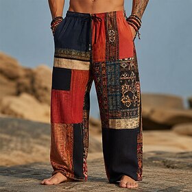 Men's Geometric Patchwork Bohemian Trousers Pants Trousers Baggy Pants Mid Waist Ethnic Vintage Retro Home Outdoor Vacation Drawstring Elastic Waist Wide Leg S