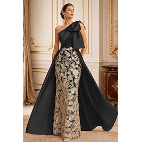A-Line Floor Length Mother of the Bride Dress Evening Gown Ball Gown with Overskirt Formal Dress Elegant Semi Formal Sleeveless One Shoulder Wedding Formal Sat