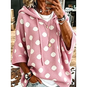 Women's Pullover Sweater Jumper Streetwear Polka Dot Ribbed Hooded Knitted Hooded 3/4 Length Sleeve Regular Tops Knit Daily Outdoor Going out Pink Purple Sprin