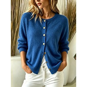 Women's Cardigan Sweater Elegant Daily Work Crew Neck Buttons Long Sleeve Long Tops Knit Daily Home Holiday Blue Khaki Fall Winter