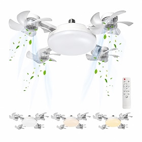 Ventilateur de plafond avec éclairage intégré, douille E27 à visser, télécommande incluse, 3 vitesses, silencieux, 4 têtes de ventilation, 50 cm (19,6 pouces),