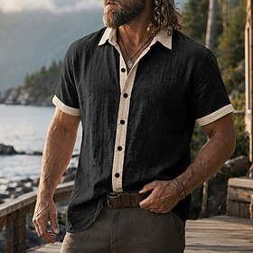 Men's Linen Shirt Summer Shirt Beach Wear Button Up Shirt Color Block Casual Vacation Blue Black Pink Green Short Sleeve Turndown Summer Clothing Apparel